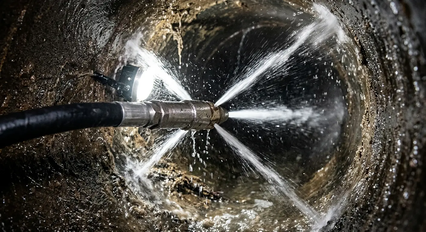 High-pressure hydro jetting nozzle cleaning sewer pipe for Emergency Drain Service in La Crescenta-Montrose