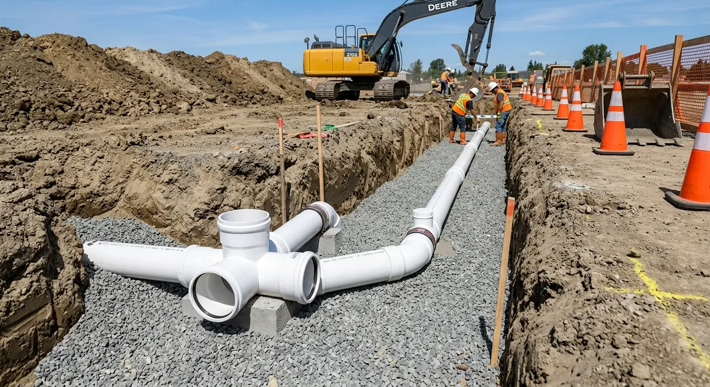 New PVC sewer pipe installation in open trench for Commercial Drain Cleaning in La Crescenta-Montrose