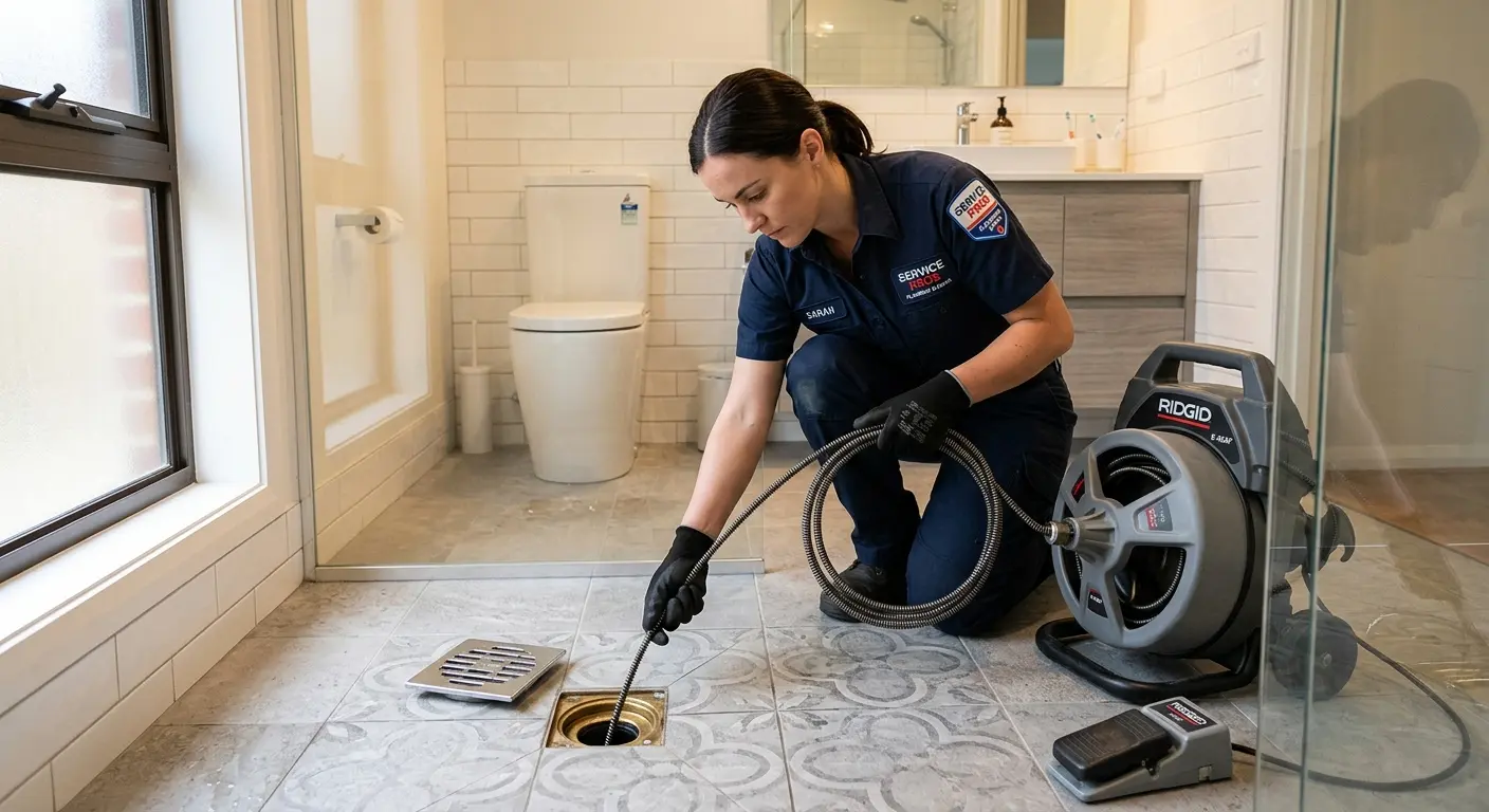 Technician clearing a bathroom floor drain for Clogged Drain Repair in La Crescenta-Montrose